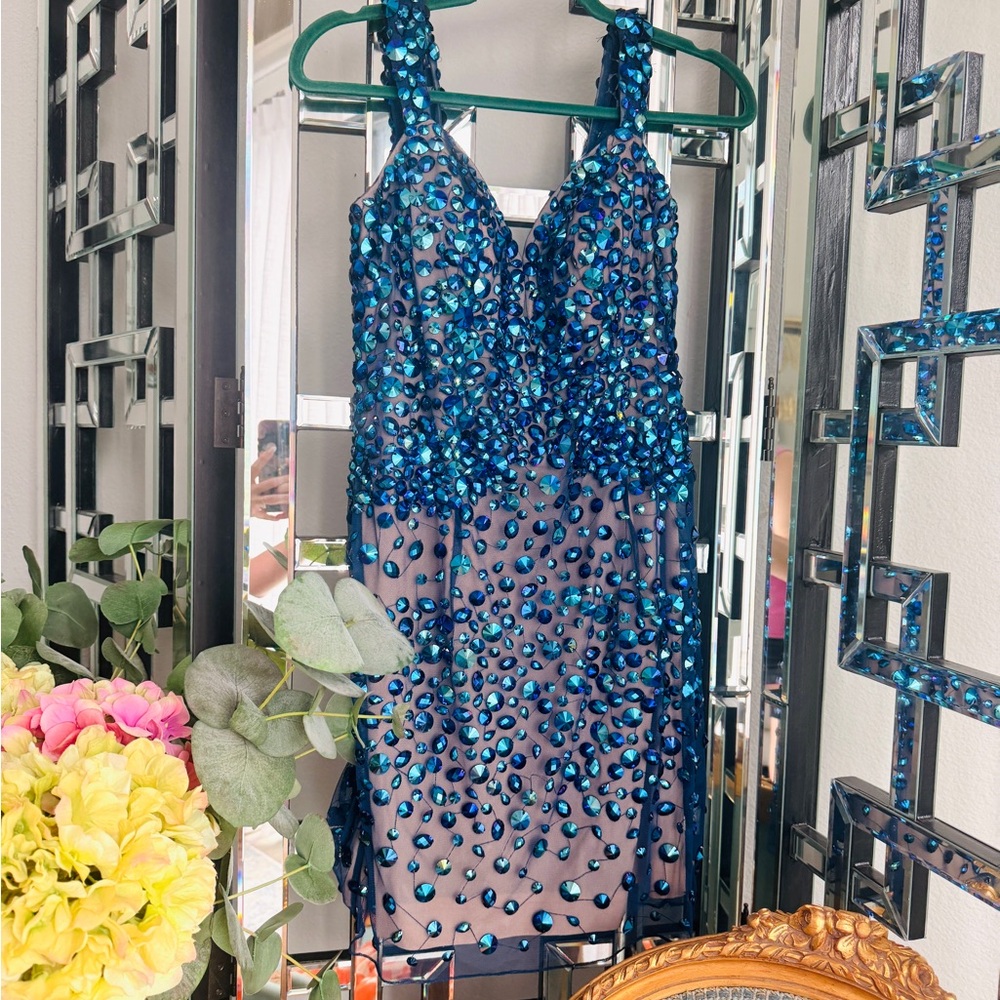 Sherri Hill Size 10 Blue Crystal Cocktail Dress